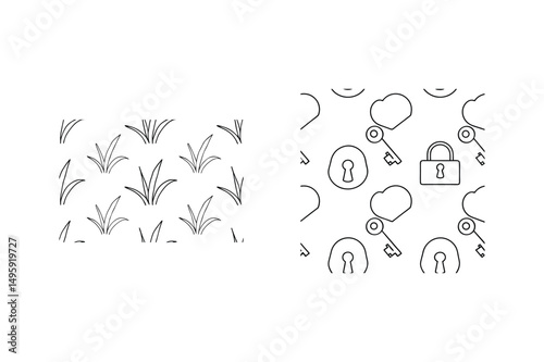 Two seamless line art patterns with abstract grass and security key lock elements