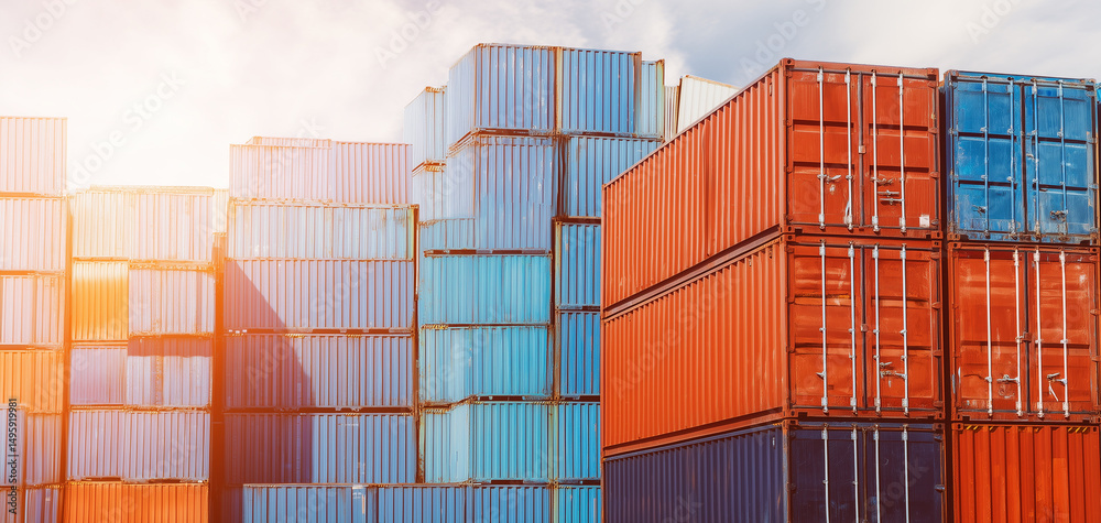 Fototapeta premium Economics and trade theme - foreground stacked containers with defocused port cranes behind