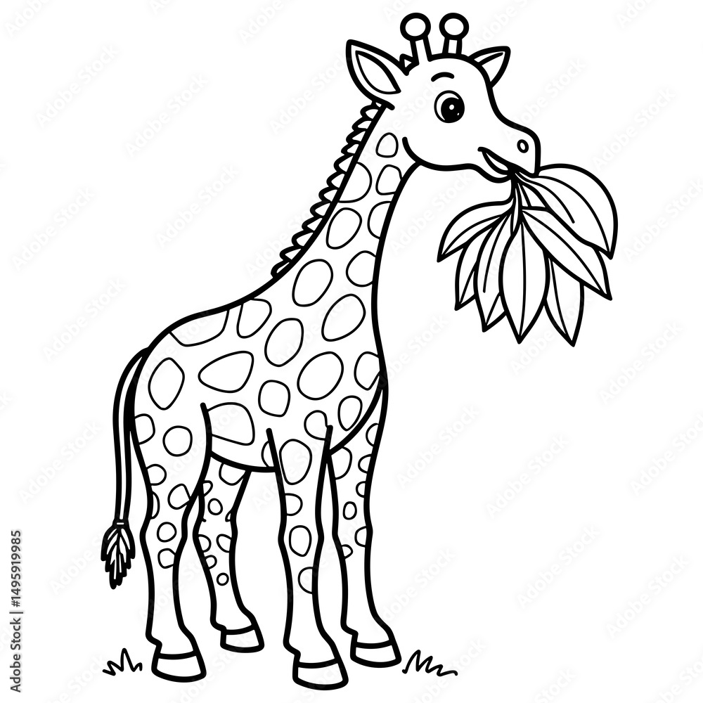 Naklejka premium Giraffe enjoying leaves in a coloring page illustration. Hand Drawn black and white sketch.