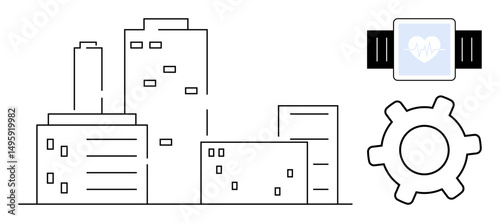 Minimalist cityscape with smartwatch and cogwheel symbolizing urban innovation, health tech, and advanced systems. Ideal for technology, automation, wellness, innovation, urban planning, IoT