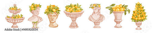 Watercolor summer lemon statue set, hand drawn Italy wedding decoration Sicily fruit illustration. Marble garden floral yellow decor sculpture vase, vintage roman goddess head. Watercolor lemon kit