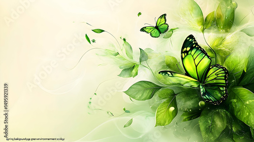 Delicate green butterflies and leaves in a soft pastel background.