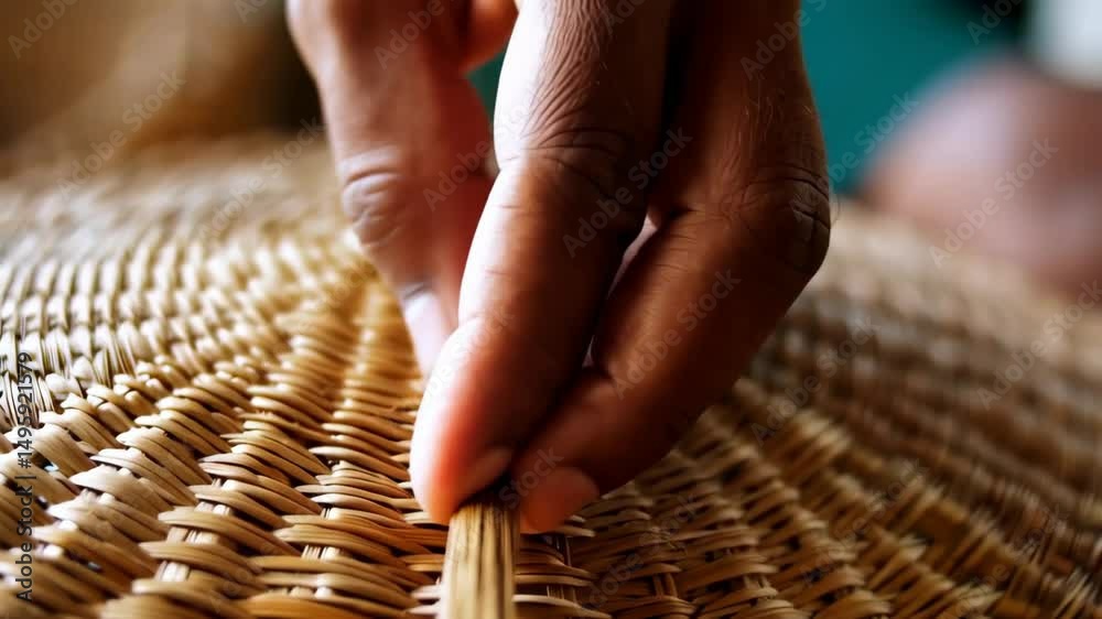 Detailed close-up showcases a dark skinned artisan weaving a light tan rattan basket using a single thin piece of reed with careful hand movements.