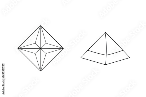 Geometric black line art illustration of two abstract crystal or pyramid shapes