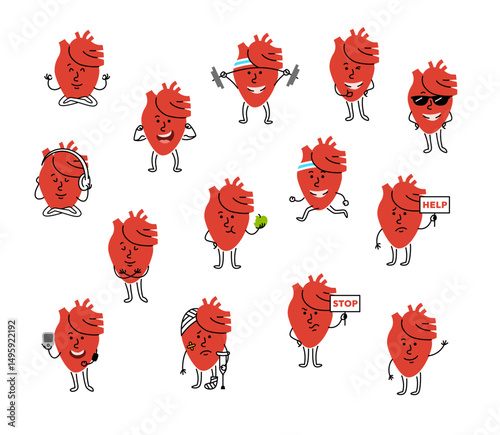 Cute cartoon heart character with different facial expression and body posture. Hand drawn doodle kids friendly character for health campaigns, promotions or educational materials. Editable stroke