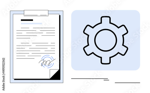 Digital document on clipboard with signature icon, adjacent to a gear symbol. Ideal for agreements, workflow automation, e-documentation, digital signatures, process management, efficiency, simple