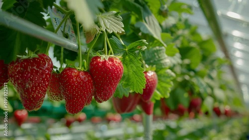 A hydroponic cultivation in a greenhouse, strawberries hang from the hydroponics stand, vivid and bright colors, crop perspective, Generative AI Videos.