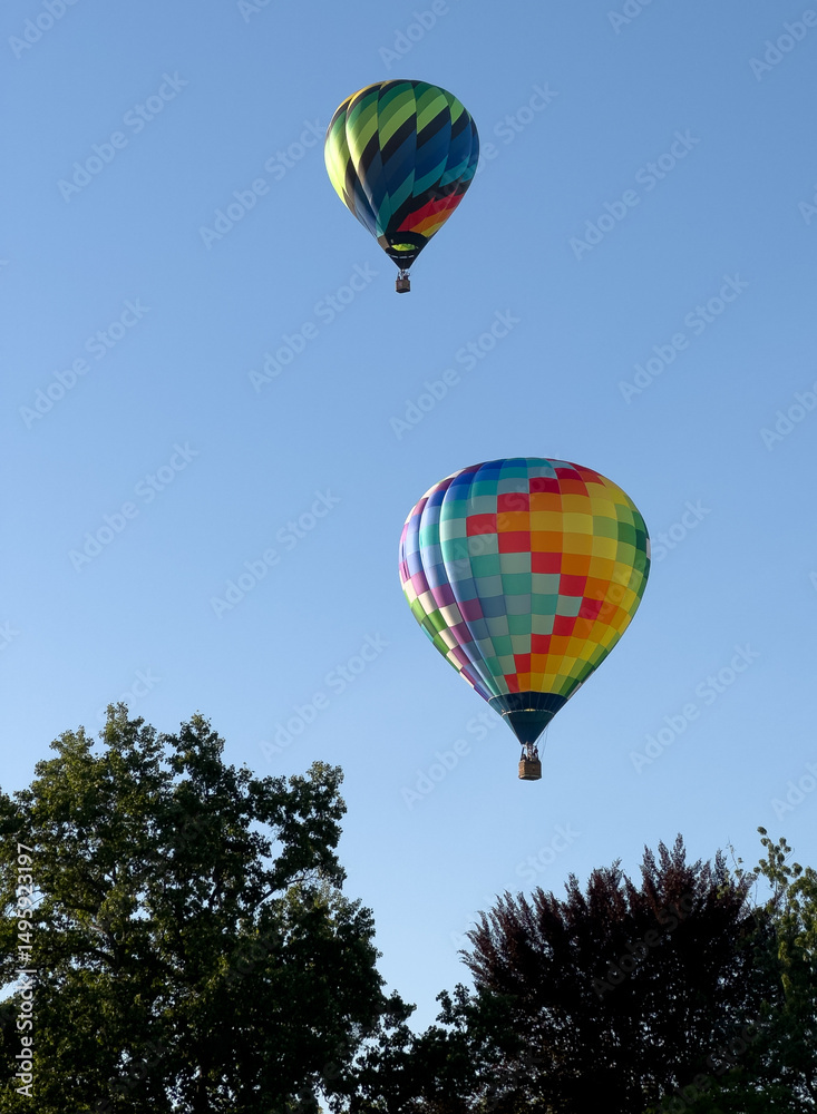 Fototapeta premium Two colorful hot air balloons lift off into the sky clearing the trees at a balloon stampede.