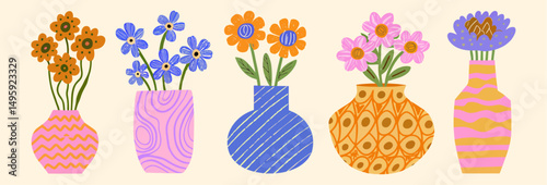 Set of contemporary art flowers in colorful vases. Abstract floral bouquets in geometric style. Trendy plants drawings. Vector graphic
