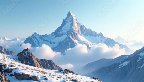 Lone majestic mountain peak against a white sky, wild, strength