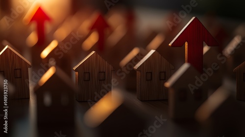 Tiny wooden house models are arranged beside bold red arrows pointing upward, illustrating the concept of increasing housing prices and demand in real estate