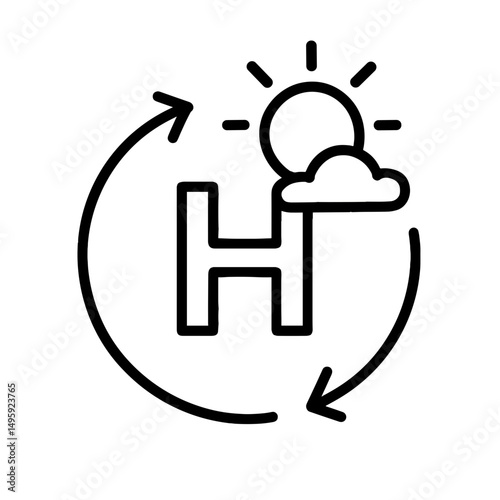 Line icon of high-pressure weather system with sun and cloud, symbolizing atmospheric stability and clear conditions