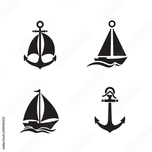 Nautical icons anchor sailboat seafaring symbols