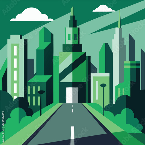 Colorful cityscape with road and trees in a circular design