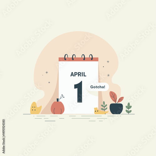 April Fools Day Vector: Minimalist Calendar Graphic with April 1st Highlighted and 'Gotcha!' Text Bubble. Modern Abstract Design for Web and Print. Fun, Lighthearted April Joke. Geometric Elements and