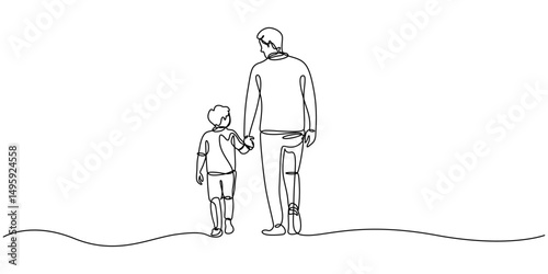 One continuous line drawing of Father and Daughter Walking Together, continuous one single black line art doodle drawing of Father and child walking hand in hand father day concept illustration, Happy