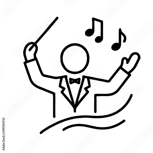Minimal line icon of orchestra conductor leading music with baton and notes, symbolizing classical performance and musical direction