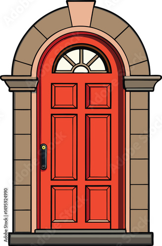 A detailed illustration of a classic red door set within a stone archway.