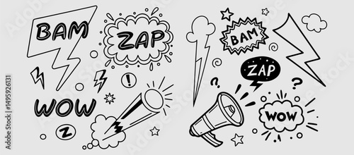 Comic boom cartoon effect line element set. Comic speech bubble pow, boom text, explosive splash smoke, wow cartoon vector icon. Hand drawn sketch doodle explosive element. Vector illustration. EPS.