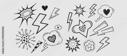 Comic boom cartoon effect line element set. Comic speech bubble pow, boom text, explosive splash smoke, wow cartoon vector icon. Hand drawn sketch doodle explosive element. Vector illustration. EPS.