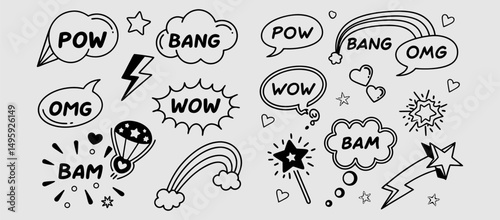 Comic boom cartoon effect line element set. Comic speech bubble pow, boom text, explosive splash smoke, wow cartoon vector icon. Hand drawn sketch doodle explosive element. Vector illustration. EPS.