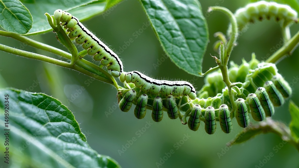 Naklejka premium Caterpillars interacting with vibrant green plants