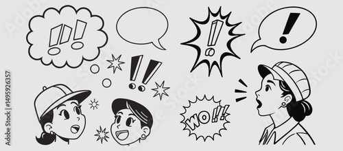 Comic boom cartoon effect line element set. Comic speech bubble pow, boom text, explosive splash smoke, wow cartoon vector icon. Hand drawn sketch doodle explosive element. Vector illustration. EPS.