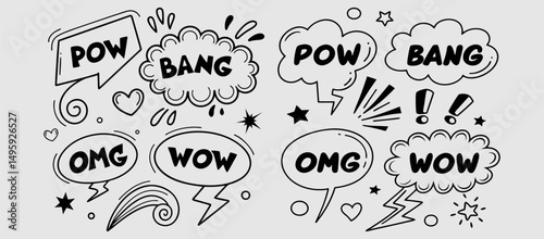 Comic boom cartoon effect line element set. Comic speech bubble pow, boom text, explosive splash smoke, wow cartoon vector icon. Hand drawn sketch doodle explosive element. Vector illustration. EPS.