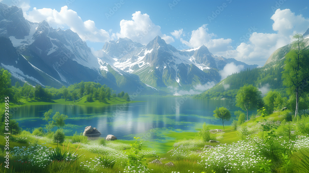 Fototapeta premium A lake surrounded by lush green fields, with mountains in the background