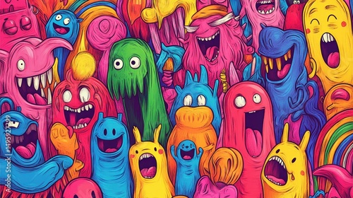 Vibrant, cartoonish creatures in a joyful, colorful explosion.  A multitude of expressive characters, filled with energy and laughter, creating a vibrant and playful scene