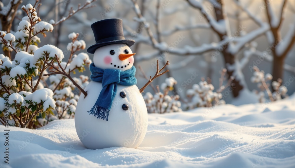 Obraz premium Snowman in Winter Landscape Surrounded by Snowy Trees and Sparkling Frosty Atmosphere in Soft Morning Light