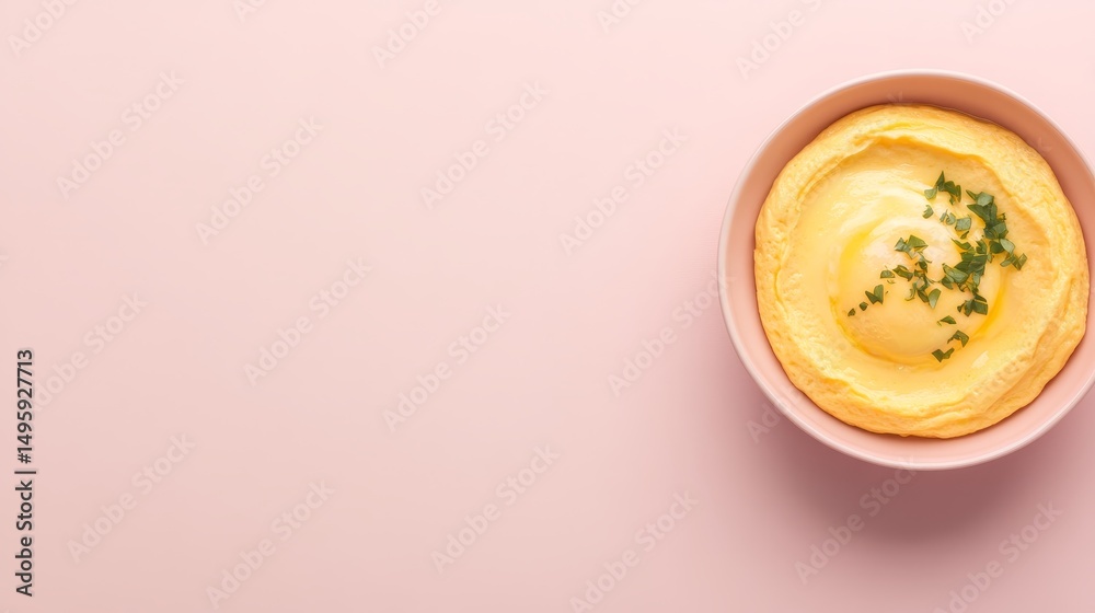 A fluffy yellow omelette sits on a pastel plate, slightly split to showcase a runny yolk. Fresh herbs add color against a gentle pink backdrop A fluffy yellow omelette sits on a pastel plate, slightly split to showcase a runny yolk. Fresh herbs add color against a gentle pink backdrop
