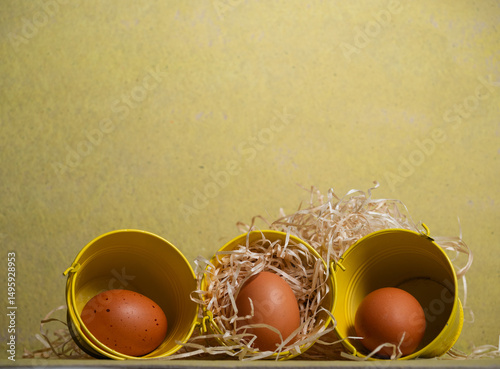 Free range eggs and hay on yellow background 