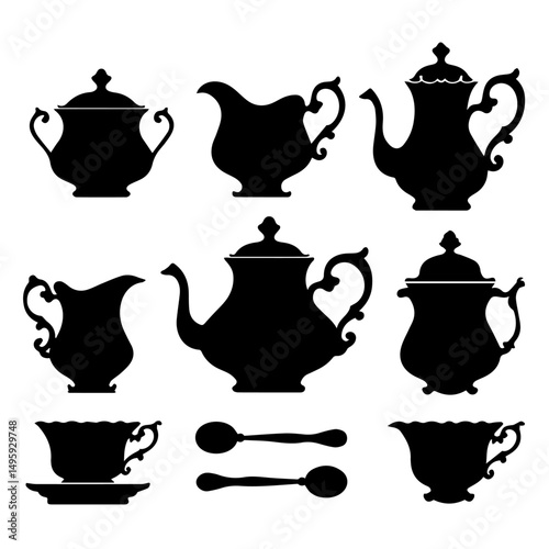 Silhouettes of vintage tea and coffee sets including teapots, creamers, sugar bowls, cups, saucers, and spoons arranged on a white background in a classic, symmetrical layout.