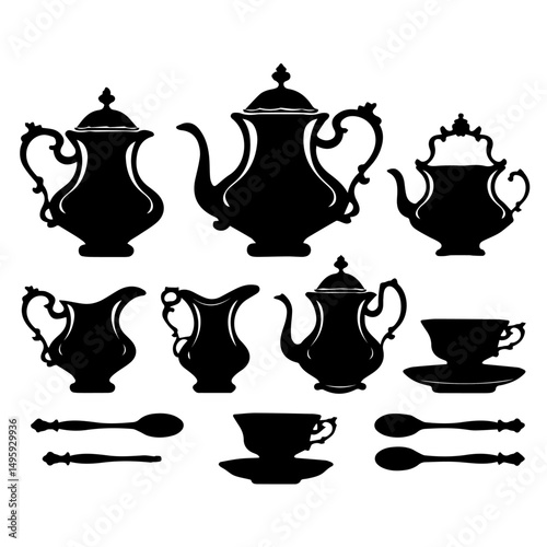 Silhouettes of vintage tea and coffee sets including teapots, creamers, sugar bowls, cups, saucers, and spoons arranged on a white background in a classic, symmetrical layout.