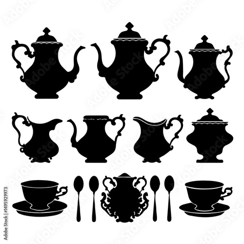 Silhouettes of vintage tea and coffee sets including teapots, creamers, sugar bowls, cups, saucers, and spoons arranged on a white background in a classic, symmetrical layout.