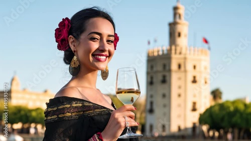 Smiling Attractive spaniard woman in traditional spanish flamenco dress holding a glass of spanish white wine in seville, looking at camera