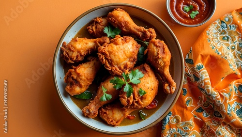 Deep fried chicken varuval in a bowl photo