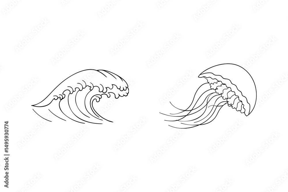 Minimalist illustration of ocean wave and jellyfish in simple black and white outline Minimalist illustration of ocean wave and jellyfish in simple black and white outline
