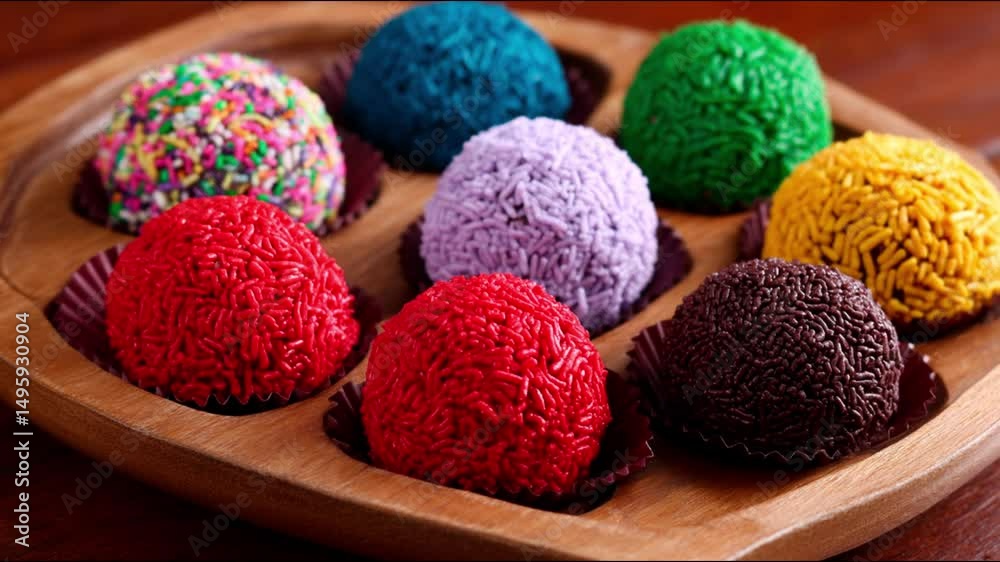 Colorful brigadeiros on a wooden tray