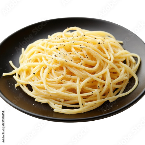 Classic Spaghetti Aglio e Olio with Black Pepper on a Black Plate on transparent background