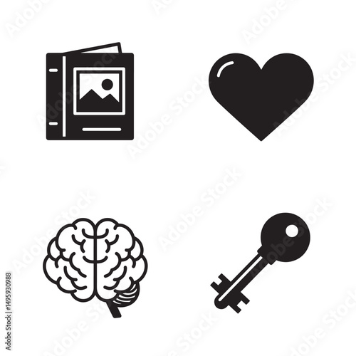 Simple icons set brain heart key photo album