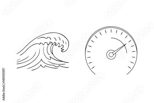 Abstract concept depicting momentum or speed with wave and meter outline illustrations