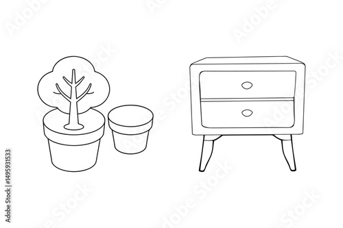 Black and white line drawing of a plant and a nightstand furniture illustration