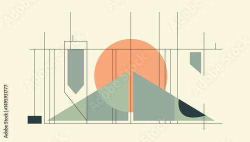 Modern abstract geometry with minimalist shapes, intersecting lines and soft muted colors to convey balance and a clean design aesthetic.
