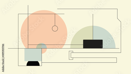 Minimalist abstract geometric artwork featuring circular shapes and intersecting lines in a clean modern style with neutral colors.