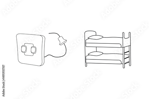 Simple black and white illustration of a light, power outlet and bunk beds in a room.