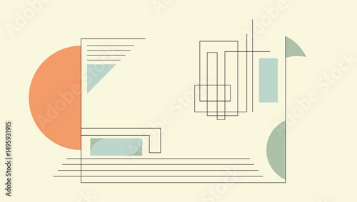 Modern minimalist geometric artwork incorporating a stylized sunrise motif with fine line details in a balanced and serene visual composition.