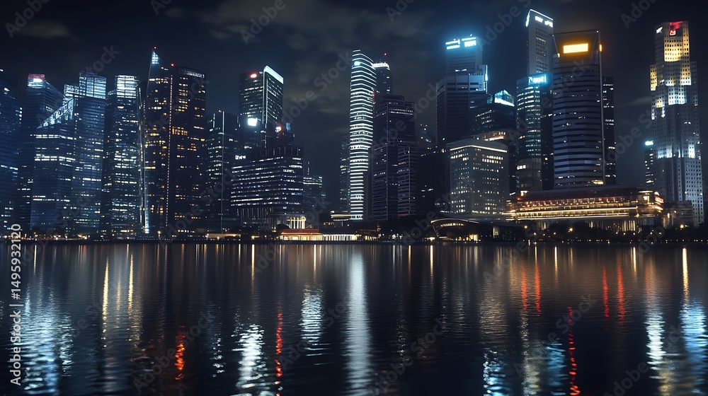 Fototapeta premium Singapore’s breathtaking skyline at night showcasing futuristic skyscrapers along Marina Bay with image