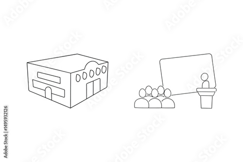 Black and white line art illustration of a conference building and presentation